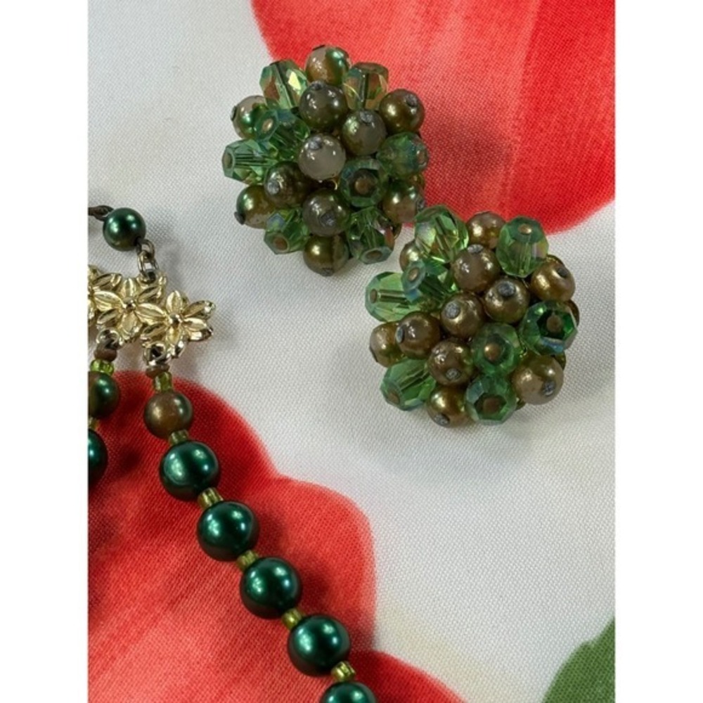 Vintage Japan Emerald Green Faux Pearl Crystal Double Strand Necklace Earrings - Picture 4 of 7